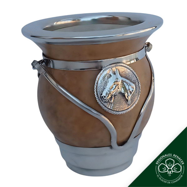 Mate Porongo criollo con aplique, base cerrada y virola de alpaca lisa