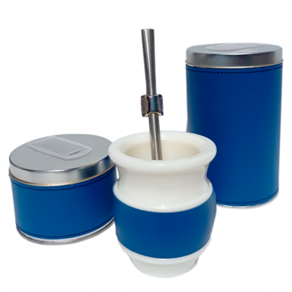 Set eco-cuero azul mate y bombilla