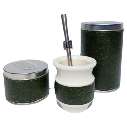 Set eco-cuero verde mate y bombilla